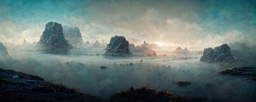 mystical abstract landscape with fog and mountain peaks rising above it