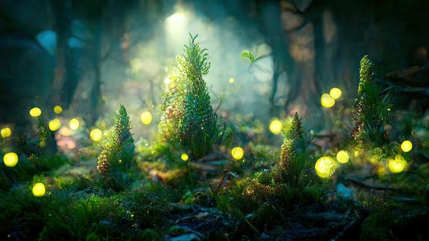 fairytale fantasy forest with lights and lots of greenery