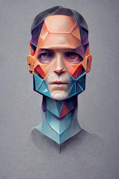 Polygonal human face into cyborg head, 3d render