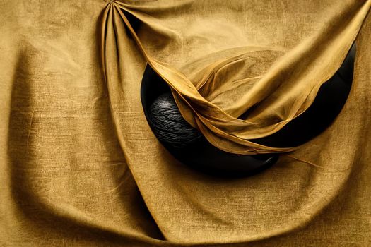 3d render, abstract fashion wallpaper. Modern minimal composition with gold black silk fabric