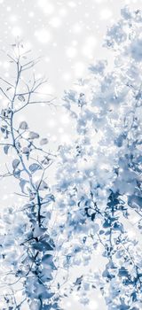 Magical, branding and festive concept - Christmas, New Years blue floral nature background, holiday card design, flower tree and snow glitter as winter season sale backdrop for luxury beauty brand