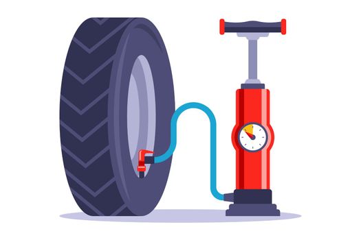 a red pump inflates a car wheel.