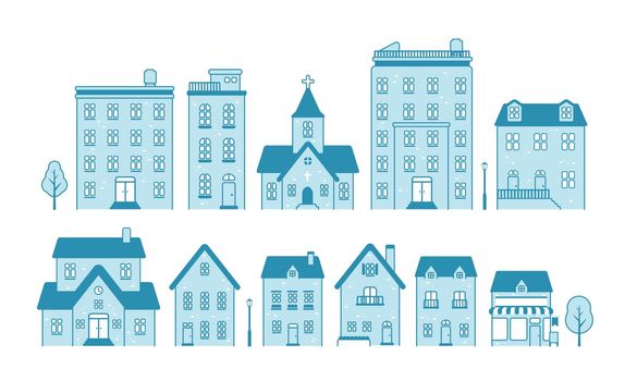 Residence buildings , houses flat design illustration set (front view)