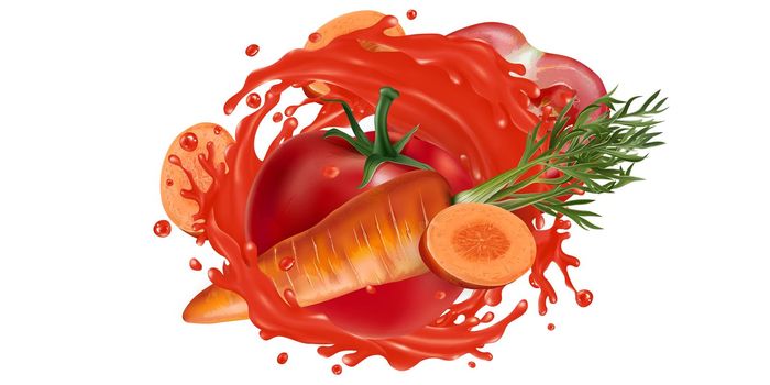 Carrots and tomatoes in a vegetable juice splash.