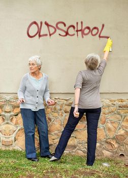 Friends never let friends do silly things alone. mischievous pensioners spray-painting graffiti on a wall.