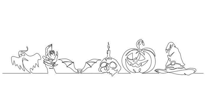 halloween elements decoration continuous line drawing