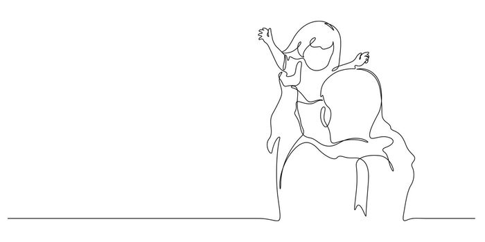 father with daughter in hands up in the air in continuous line drawing style vector illustration. 