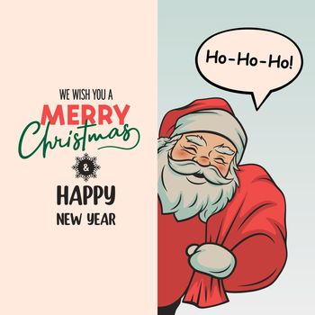 Vector Cute Funny Smiling Santa Claus with Sack Peeking Out From Behind a Banner, Signboard. Holiday Greeting Card with Merry Christmas and Happy New Year Typography