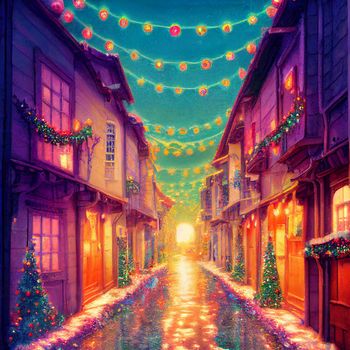 Colorful illustration of street in christmas