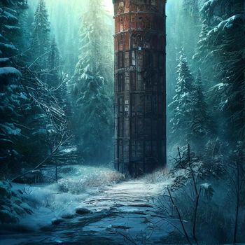 Lonely abandoned tower in the winter forest