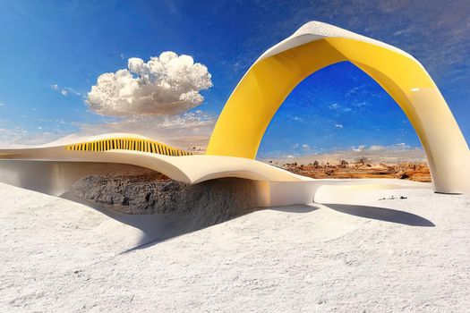 Surreal desert landscape with yellow arch and white clouds, 3d render