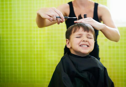 His first haircut. a young boy getting his first haircut.