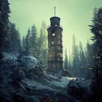 Lonely abandoned tower in the winter forest