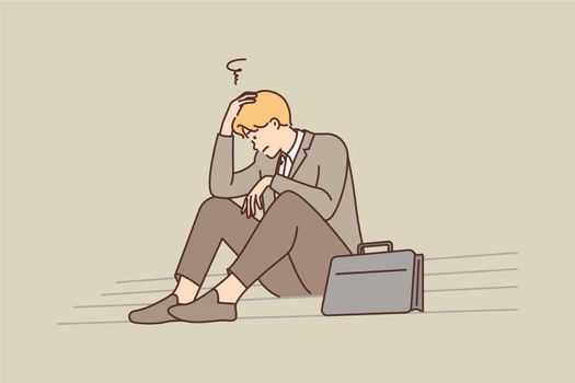 Unhappy businessman sit on stairs stressed with business failure or loss. Upset male employee frustrated with firing or dismissal notice. Vector illustration.