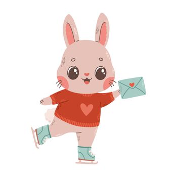 Cute bunny on ice skates with love letter vector