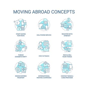 Moving abroad turquoise concept icons set