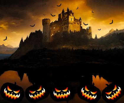 Spooky scary Halloween images and vector pumpkins background, illustration for multimedia content or halloween card.