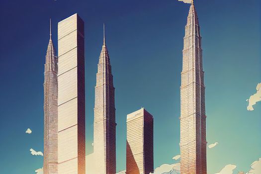 anime style, Morning view of highest tower KL PNB Merdeka 118 in Kuala Lumpur Reflection at glass surface Clear blue sky Golden triangle background Capital city commercial center Malaysia June 2022 , U1 1
