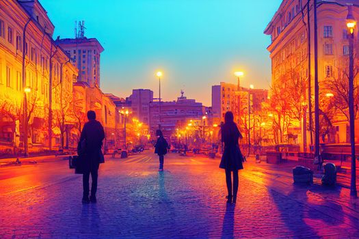 anime style, KYIV UKRAINE JUNE 01 2016 Downtown of city center near the Independence Square and Khreshchatyk Street in the evening , Anime style U1 1