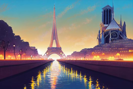 anime style, Travel background Symbols of Paris Eiffel Tower Cathedral of Notre Dame de Paris Sacre Coeur Basilica Arc de Triomphe Street lamps of Alexandre III bridge , Anime style U1 1