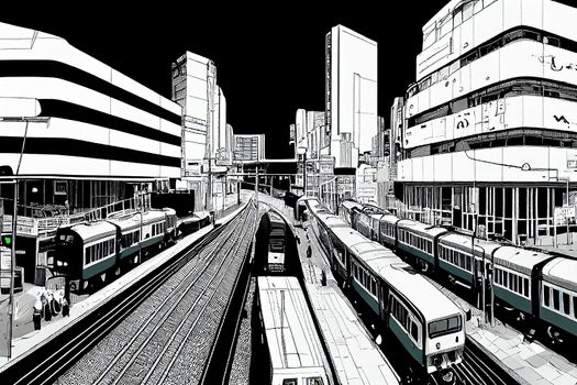 Cartoon drawing Aerial view of cars and trains with intersection or junction with traffic Taipei Downtown Taiwan Financial district and business area Smart urban city technology , Anime style U1 1