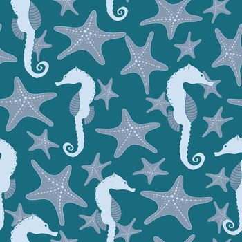 Seamless nautical pattern with starfish and seahorse on blue background