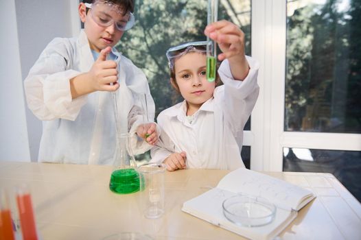 Beautiful smart Caucasian schoolchild using labware, doing chemical experiments during a Chemistry lesson in school lab