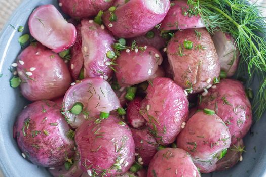 Baked radish with green onion and dill