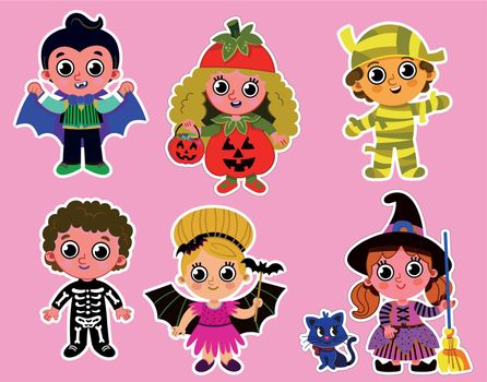 set of boys and girls dressed halloween costumes