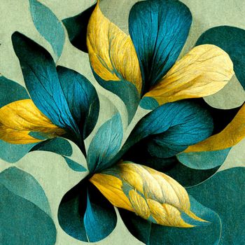 Teal and yellow abstract flower Illustration for prints, wall art, cover and invitation. Watercolor art background.