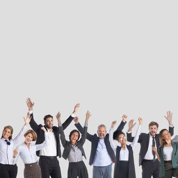 Business people raising arms