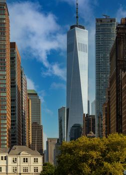 View of the World Trade Center from downtown along the avenue