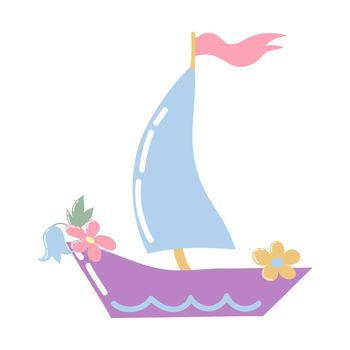Cartoon boat with a sail, flag and flowers. Pastel colors. Isolated on a white background. Sailboat close-up.Adventure tourism. Symbol, logo illustration.
