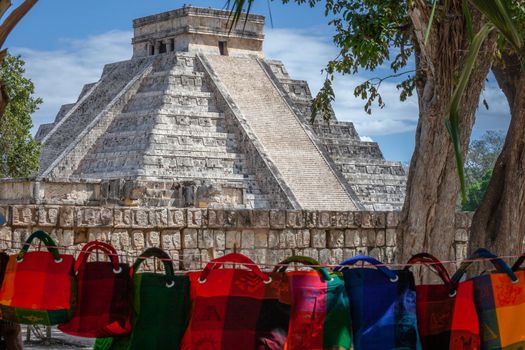Mayan Pyramid of Kukulkan El Castillo in Chichen Itza and souvenirs, Mexico