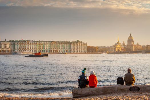 View of Neva River and St. Petersburg at golden sunset, Russia