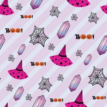 Halloween witchy repeat pattern on purple stripes background