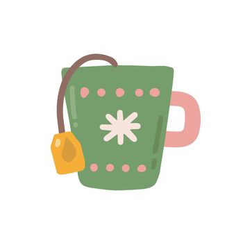Mug with tea bag decorated with snowflake, vector flat illustration on white background