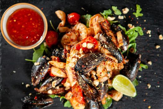 Delicious seafood with spicy sos