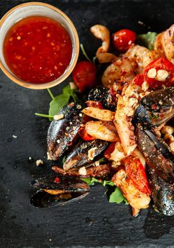 Delicious seafood with spicy sos