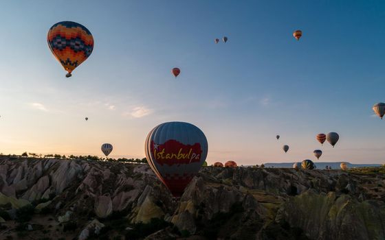 Turkey balloons Cappadocia Goreme Kapadokya , Sunrise in the mountains of Capadocia