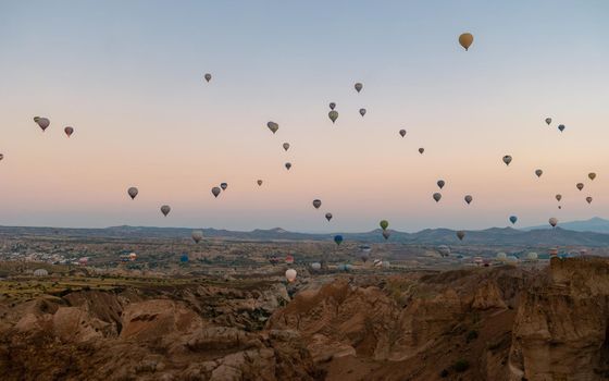 Turkey balloons Cappadocia Goreme Kapadokya , Sunrise in the mountains of Capadocia