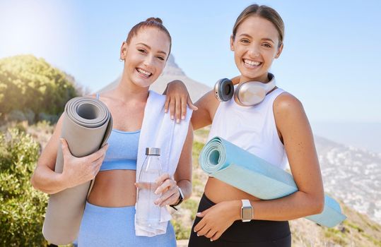 Outdoor fitness, yoga and women friends with workout motivation and training gear for wellness, healthy lifestyle in lens flare. Modern sports people portrait for cardio or pilates exercise in nature.