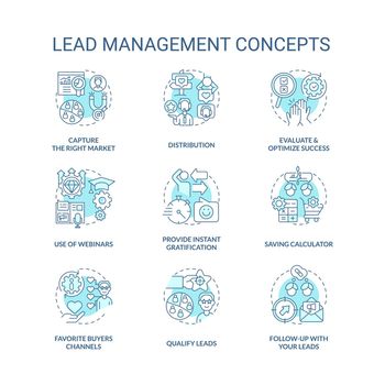 Lead management turquoise concept icons set