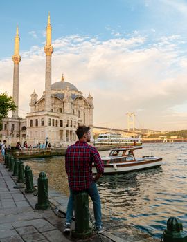 Istanbul Turkey , The Bosphorus Bridge and the Ortakoy Mosque at sunset, Istanbul