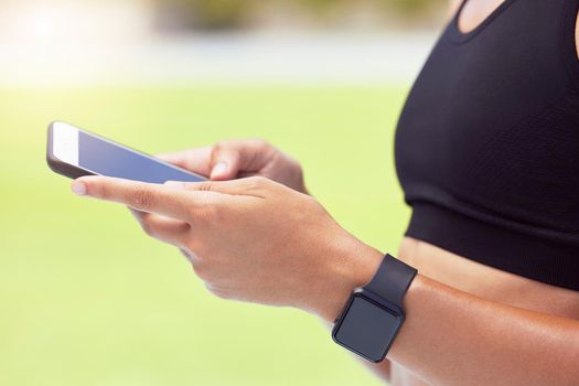 Exercise, smartwatch and woman with phone on fitness app for outdoor workout. Technology, innovation and sports on smartphone with data and digital information for health and wellness while training.