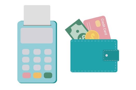 Isolated pos terminal on a white background. Payment terminal for credit cards. Wallet with card and money. Business concept. Shopping and banking.