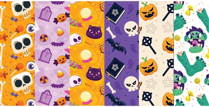  Halloween seamless patterns with cute cartoon characters and simbols