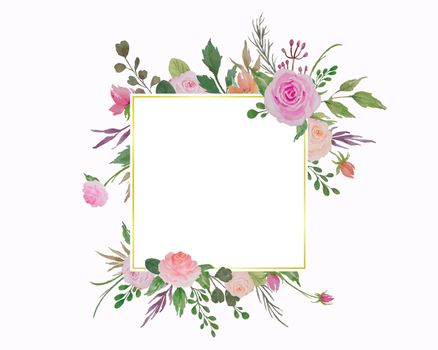Watercolor Floral Frame, Flowers Border with Roses and Green Leaves Illustration
