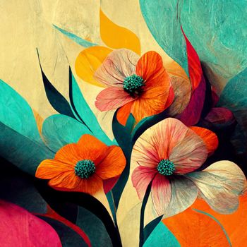 Watercolor art background. Digital generated wallpaper design with flower paint brush line art. 