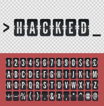Airport mechanical flip scoreboard terminal alphabet font for flight timetable and destination, arrival or departure info. Vector illustration of hacked sign